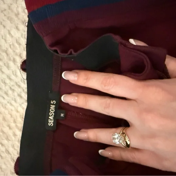 Yeezy Burgundy Leggings with Blue Stripes
